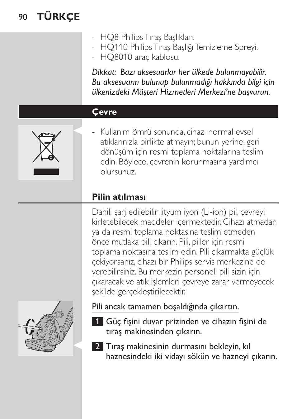 Çevre, Pilin atılması | Philips SHAVER Series 3000 Afeitadora eléctrica User Manual | Page 88 / 92