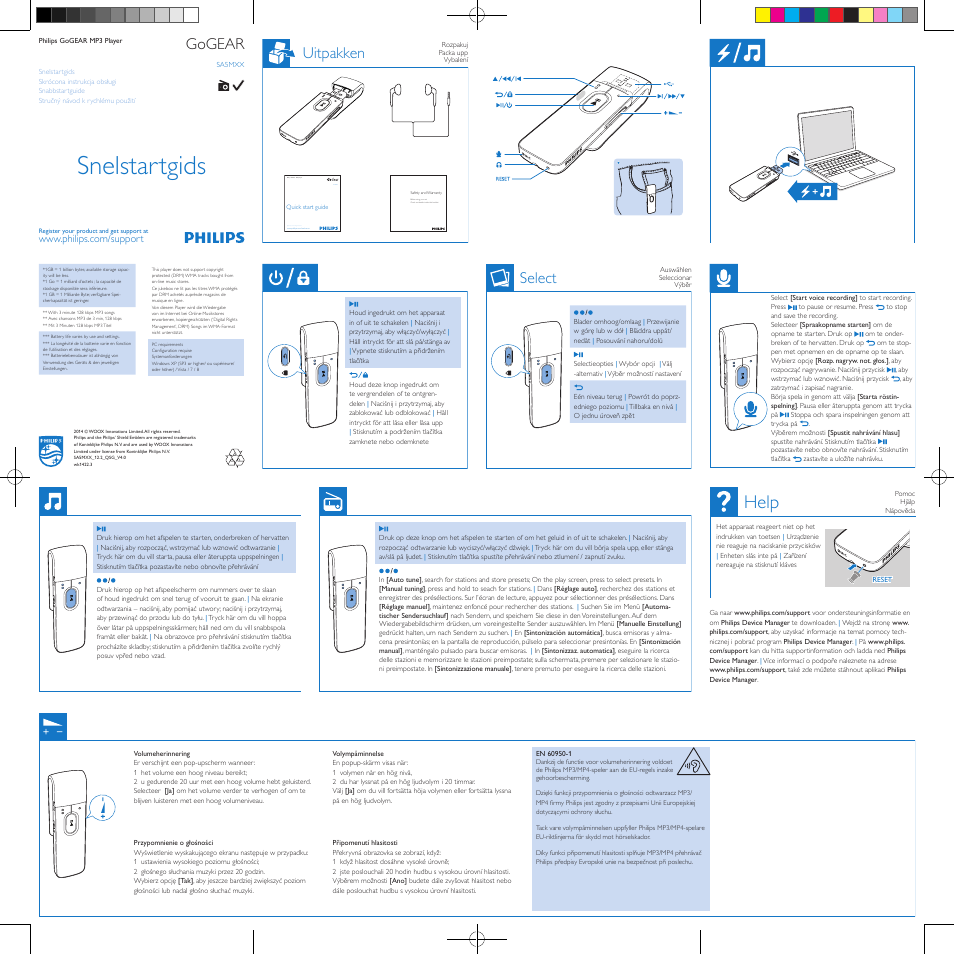 Snelstartgids, Help, Gogear | Uitpakken, Select, Philip s gogear mp3 player sa4vbe, Register your product and get support at | Philips GoGEAR Reproductor de MP3 User Manual | Page 2 / 2