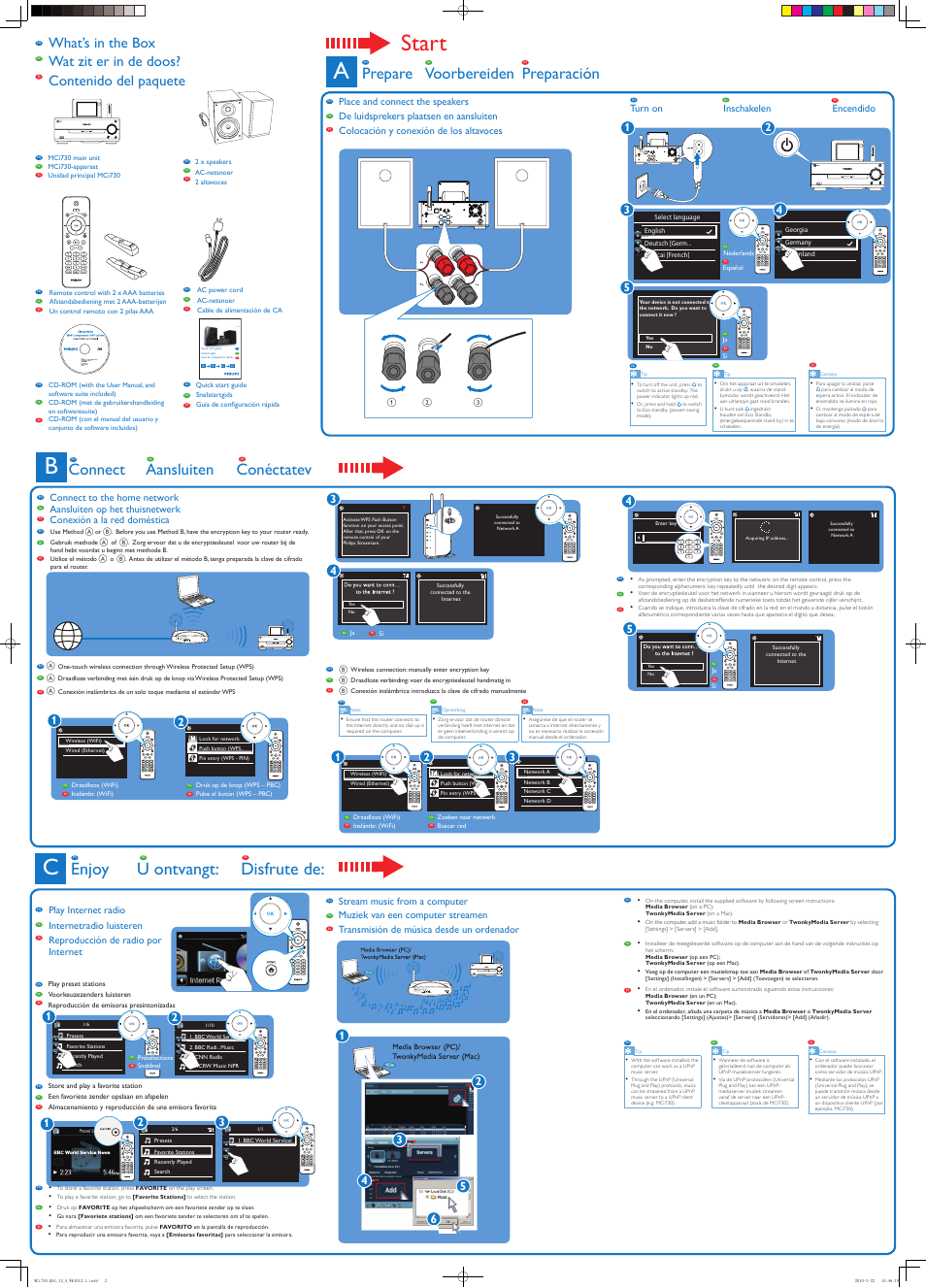 Start, Enjoy u ontvangt: disfrute de, Connect aansluiten conéctatev | Prepare voorbereiden preparación, Philips streamium wi-fi component hi-fi system, Mci730 en nl es, Turn on inschakelen, Encendido | Philips Streamium Sistema Hi-Fi con componentes Wi-Fi User Manual | Page 2 / 2