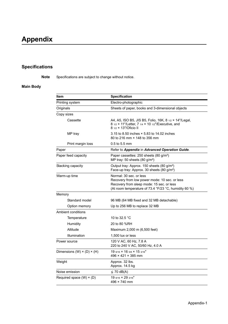Appendix, Specifications | AGFA 1815 Copier User Manual | Page 105 / 116