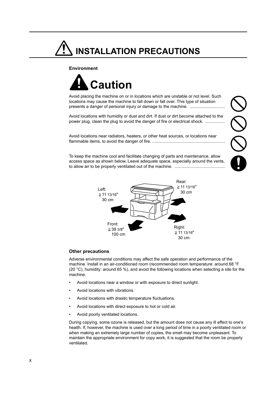 Caution, Installation precautions | AGFA 1815 Copier User Manual | Page 12 / 116