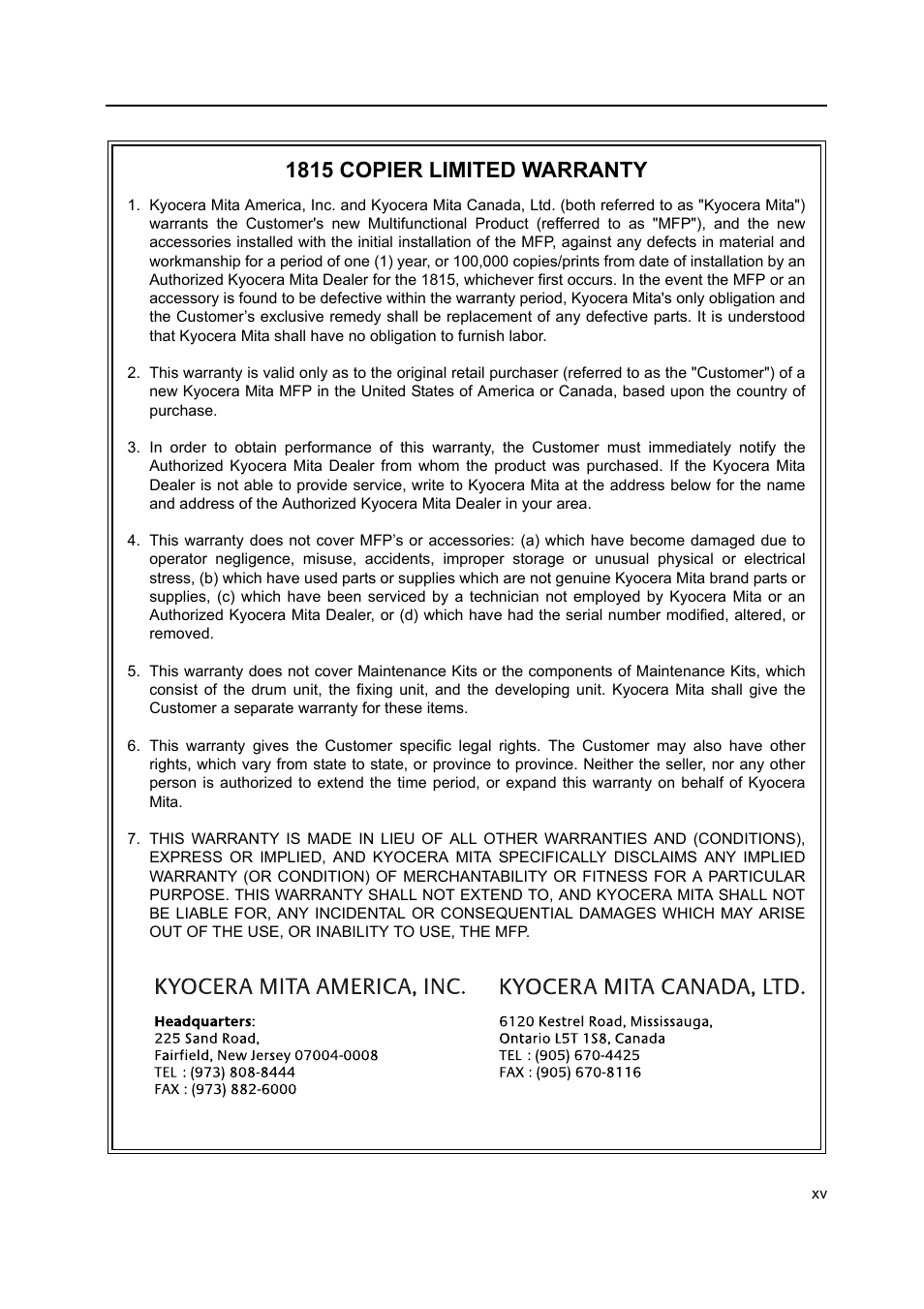 1815 copier limited warranty | AGFA 1815 Copier User Manual | Page 17 / 116