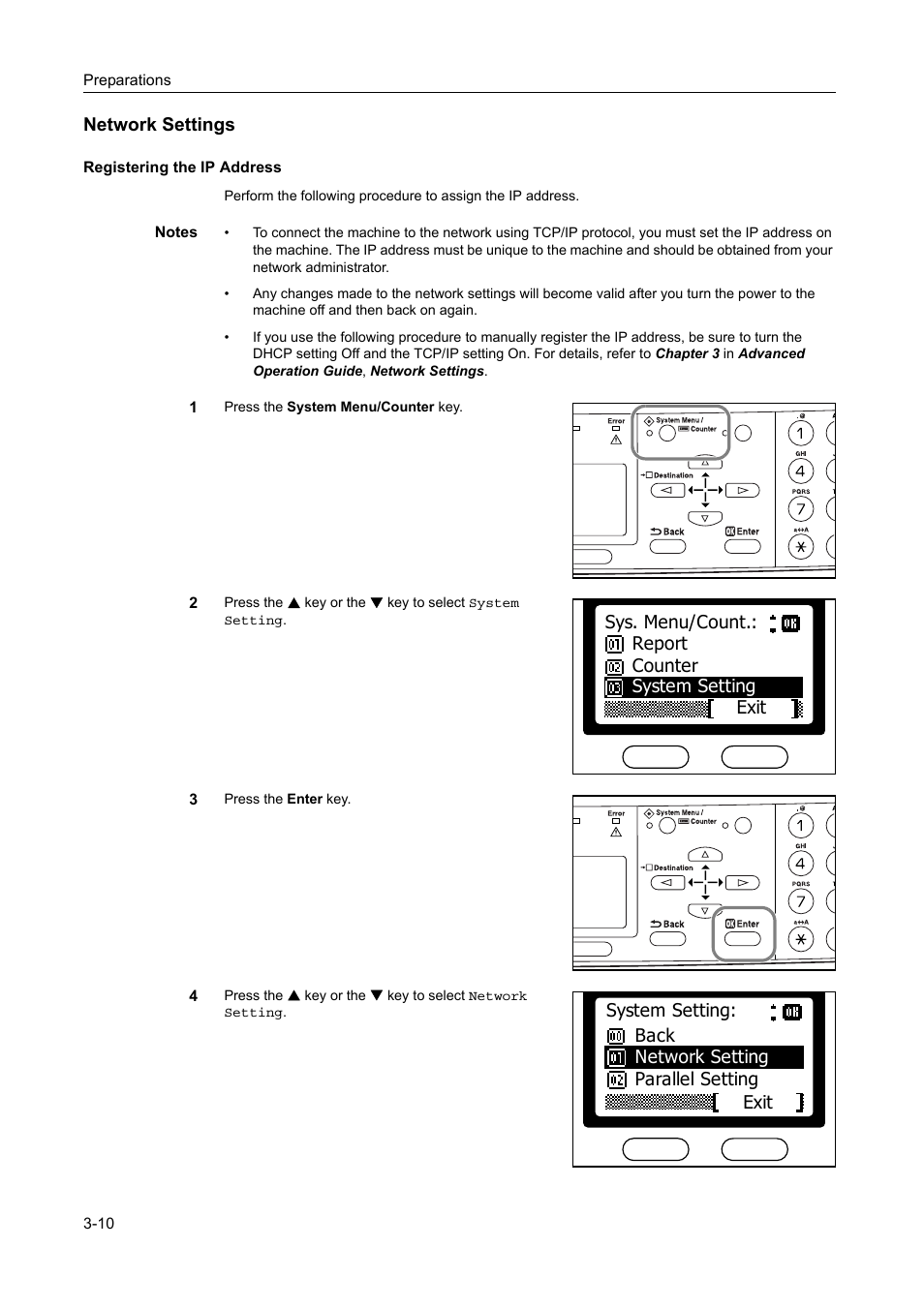 Network settings, Network settings -10, Registering the ip address -10 | AGFA 1815 Copier User Manual | Page 42 / 116