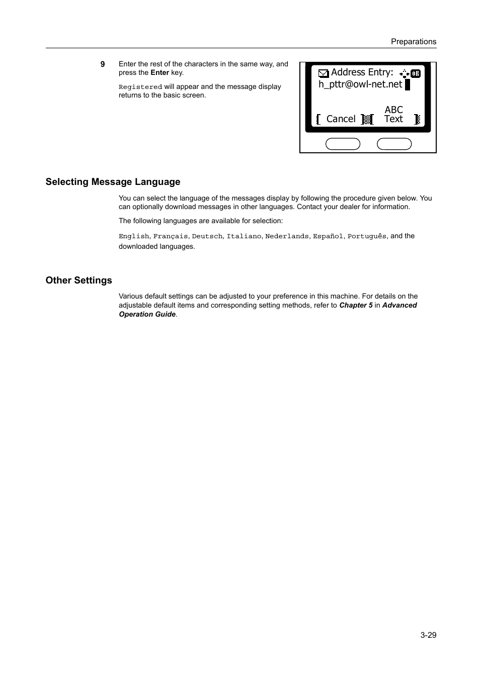 Selecting message language, Other settings, Selecting message language -29 other settings -29 | AGFA 1815 Copier User Manual | Page 61 / 116