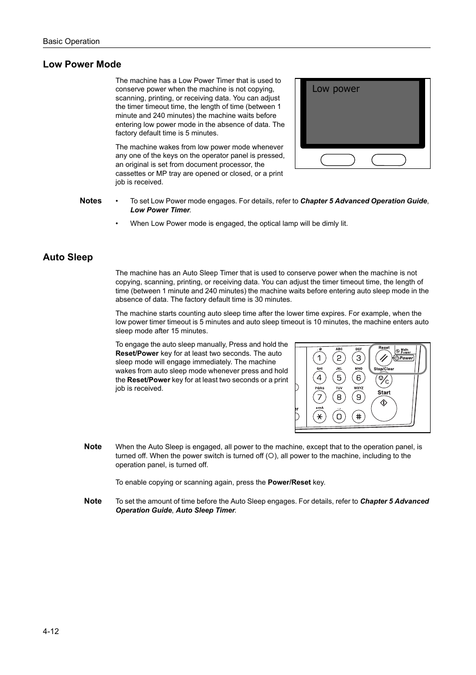 Low power mode, Auto sleep, Low power mode -12 auto sleep -12 | Low power | AGFA 1815 Copier User Manual | Page 74 / 116