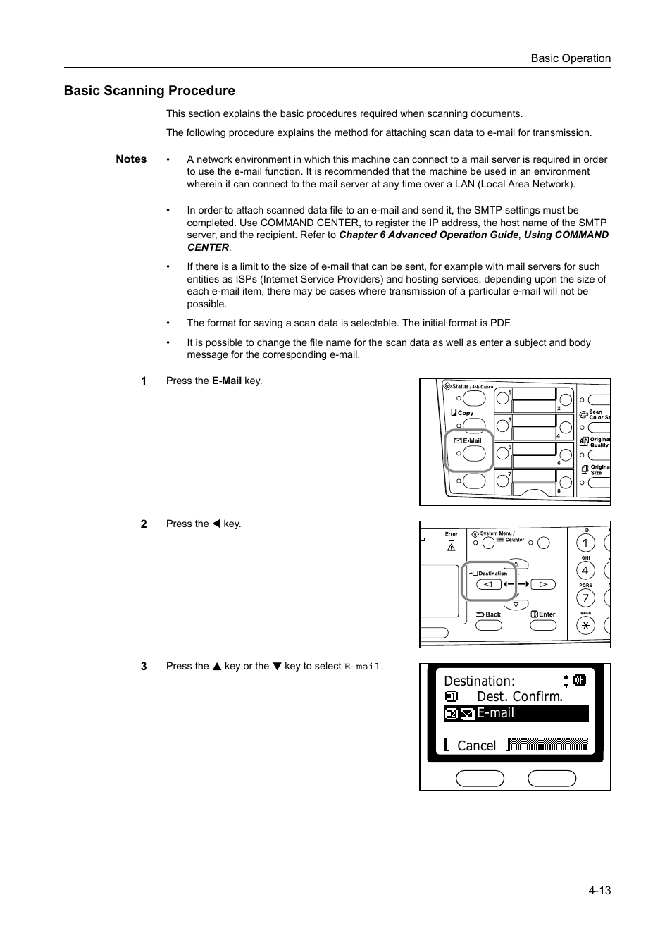 Basic scanning procedure, Basic scanning procedure -13, Destination: e-mail cancel dest. confirm | AGFA 1815 Copier User Manual | Page 75 / 116