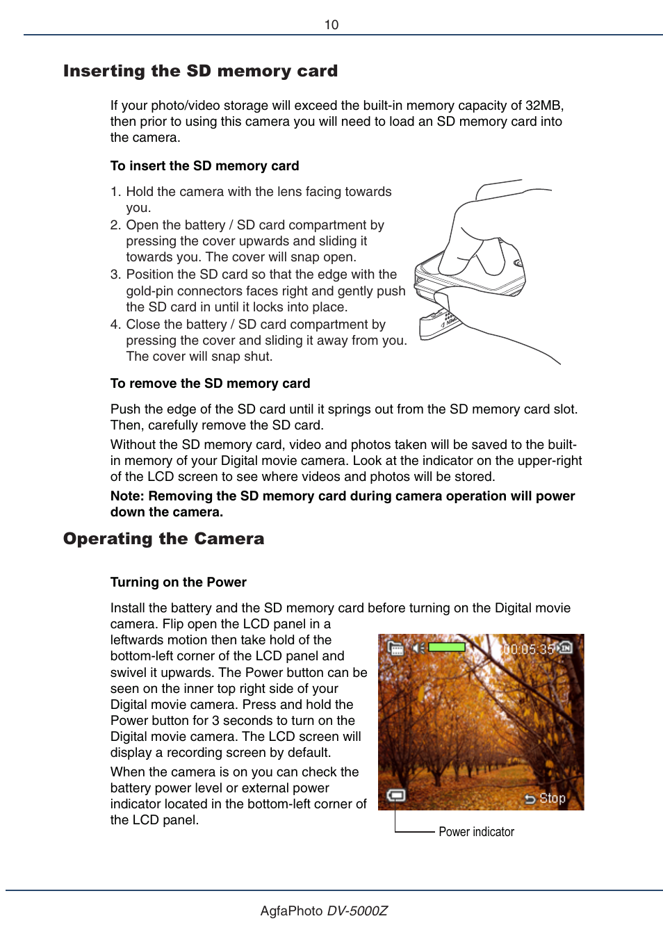 Operating the camera | AGFA DV-5000Z User Manual | Page 10 / 36