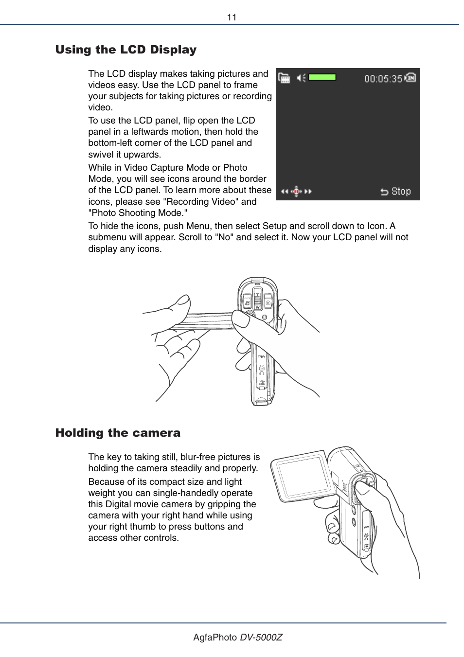 Using the lcd display, Holding the camera | AGFA DV-5000Z User Manual | Page 11 / 36
