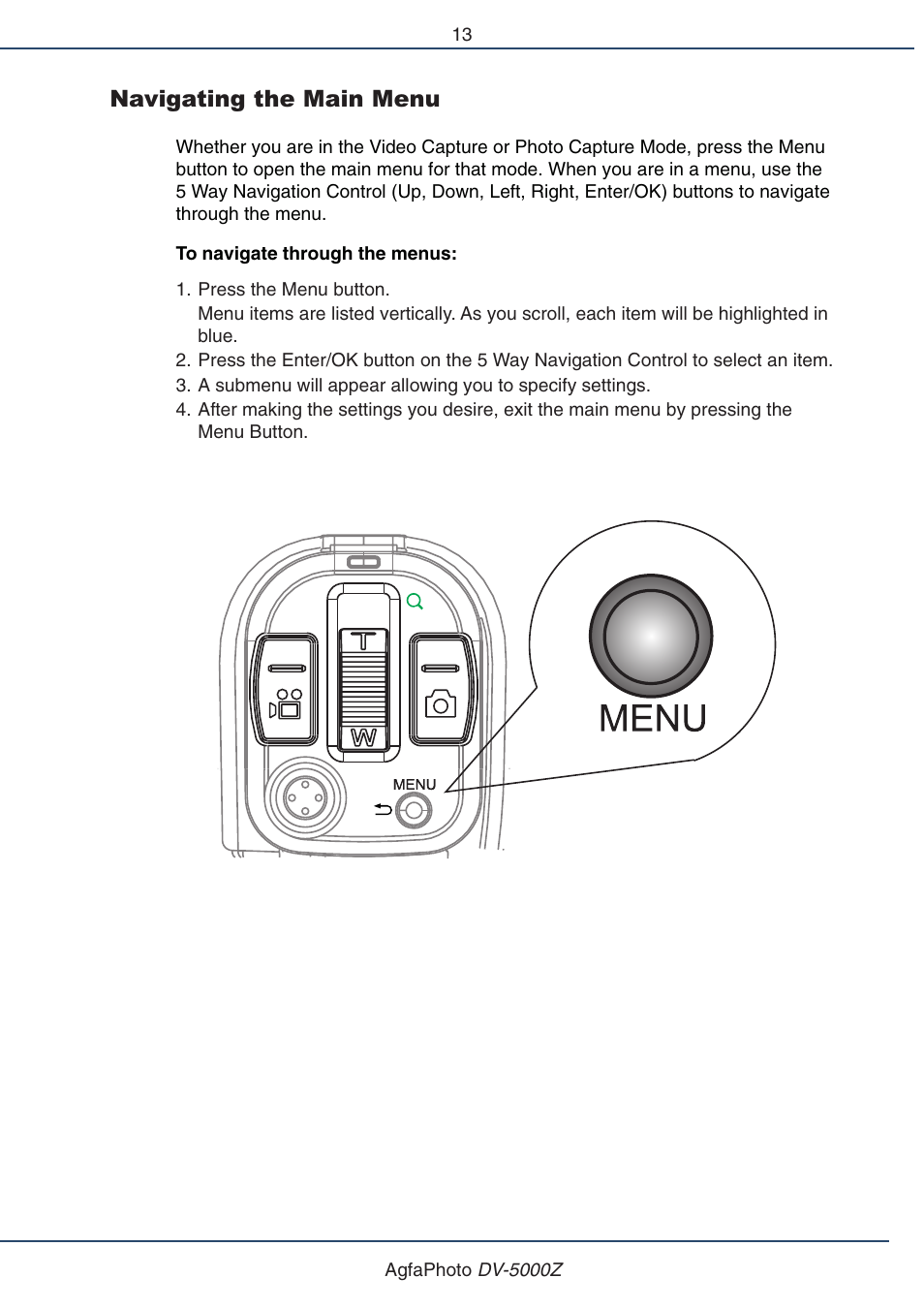 Navigating the main menu | AGFA DV-5000Z User Manual | Page 13 / 36