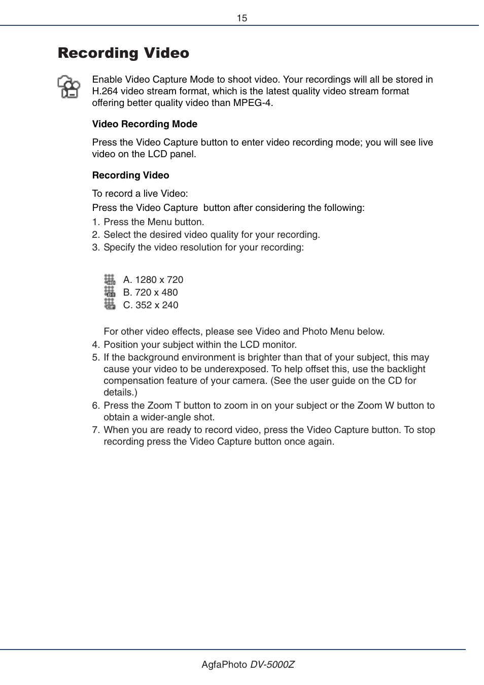 Recording video | AGFA DV-5000Z User Manual | Page 15 / 36