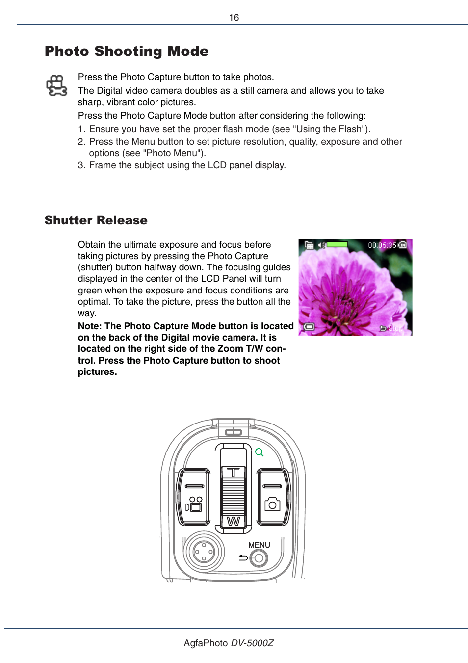 Photo shooting mode, Shutter release | AGFA DV-5000Z User Manual | Page 16 / 36