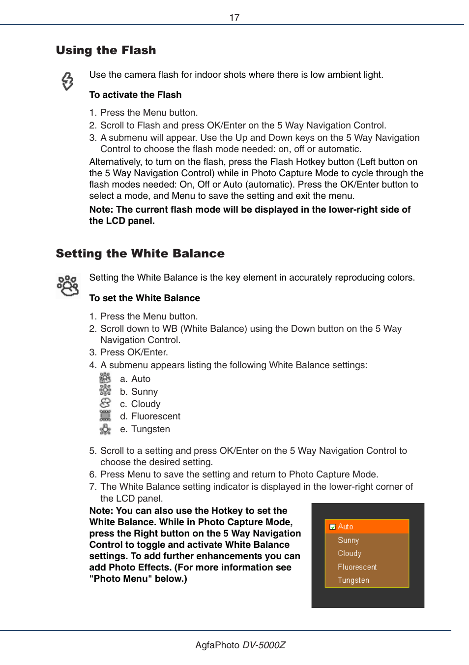 Using the flash, Setting the white balance | AGFA DV-5000Z User Manual | Page 17 / 36