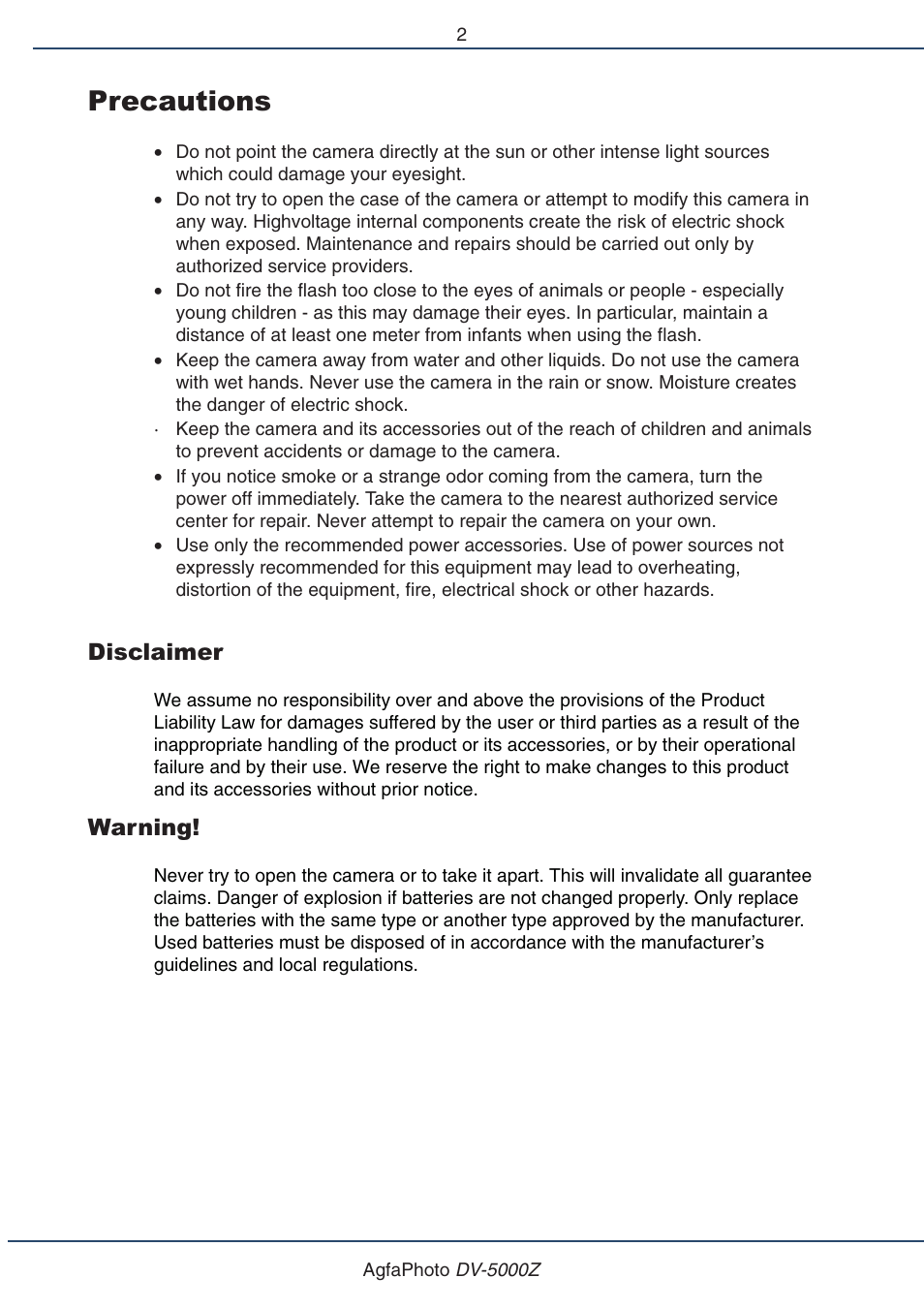 Precautions, Disclaimer, Warning | AGFA DV-5000Z User Manual | Page 2 / 36