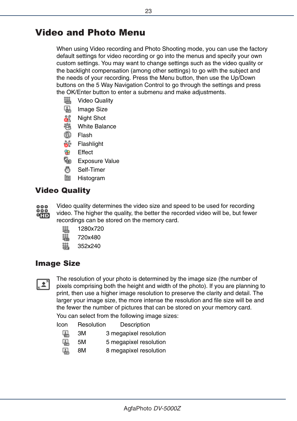 Video and photo menu, Video quality, Image size | AGFA DV-5000Z User Manual | Page 23 / 36