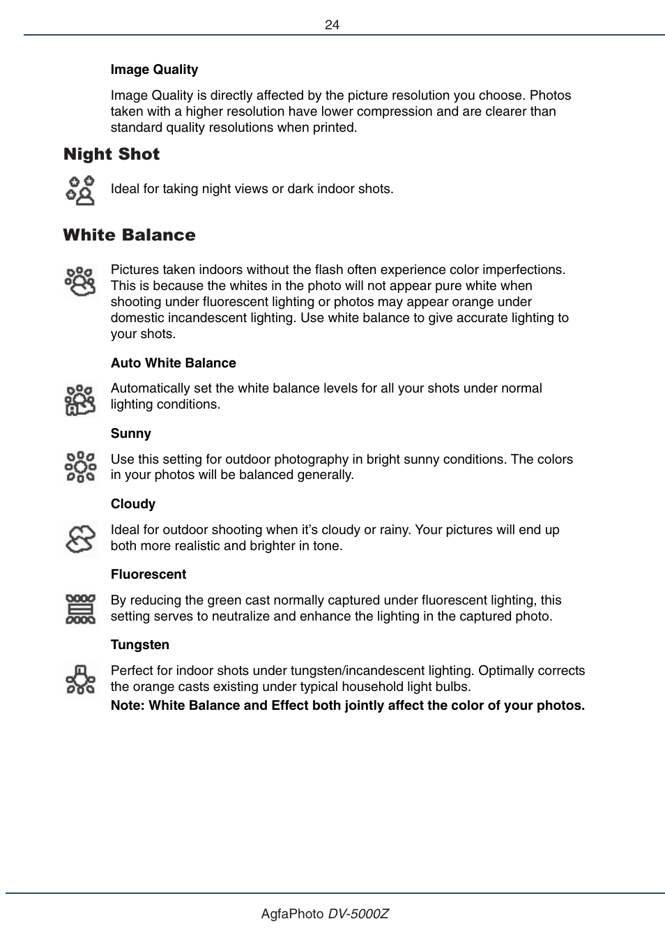 Night shot, White balance | AGFA DV-5000Z User Manual | Page 24 / 36