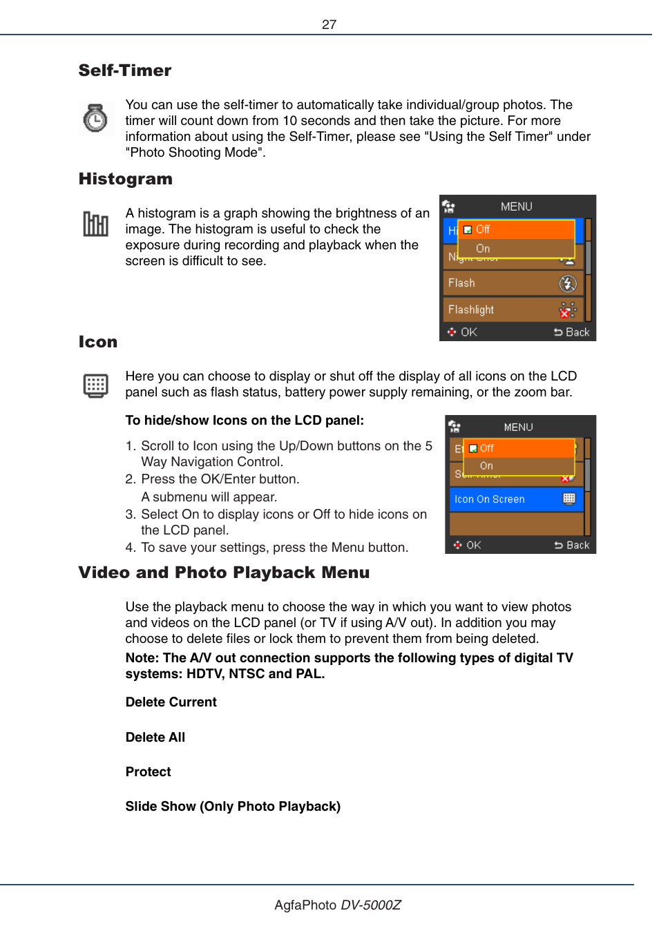 Self-timer, Histogram, Icon | Video and photo playback menu | AGFA DV-5000Z User Manual | Page 27 / 36
