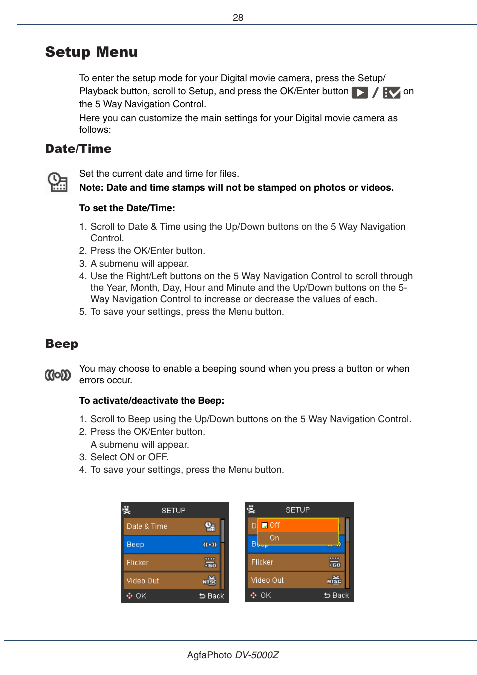 Setup menu, Date/time, Beep | AGFA DV-5000Z User Manual | Page 28 / 36