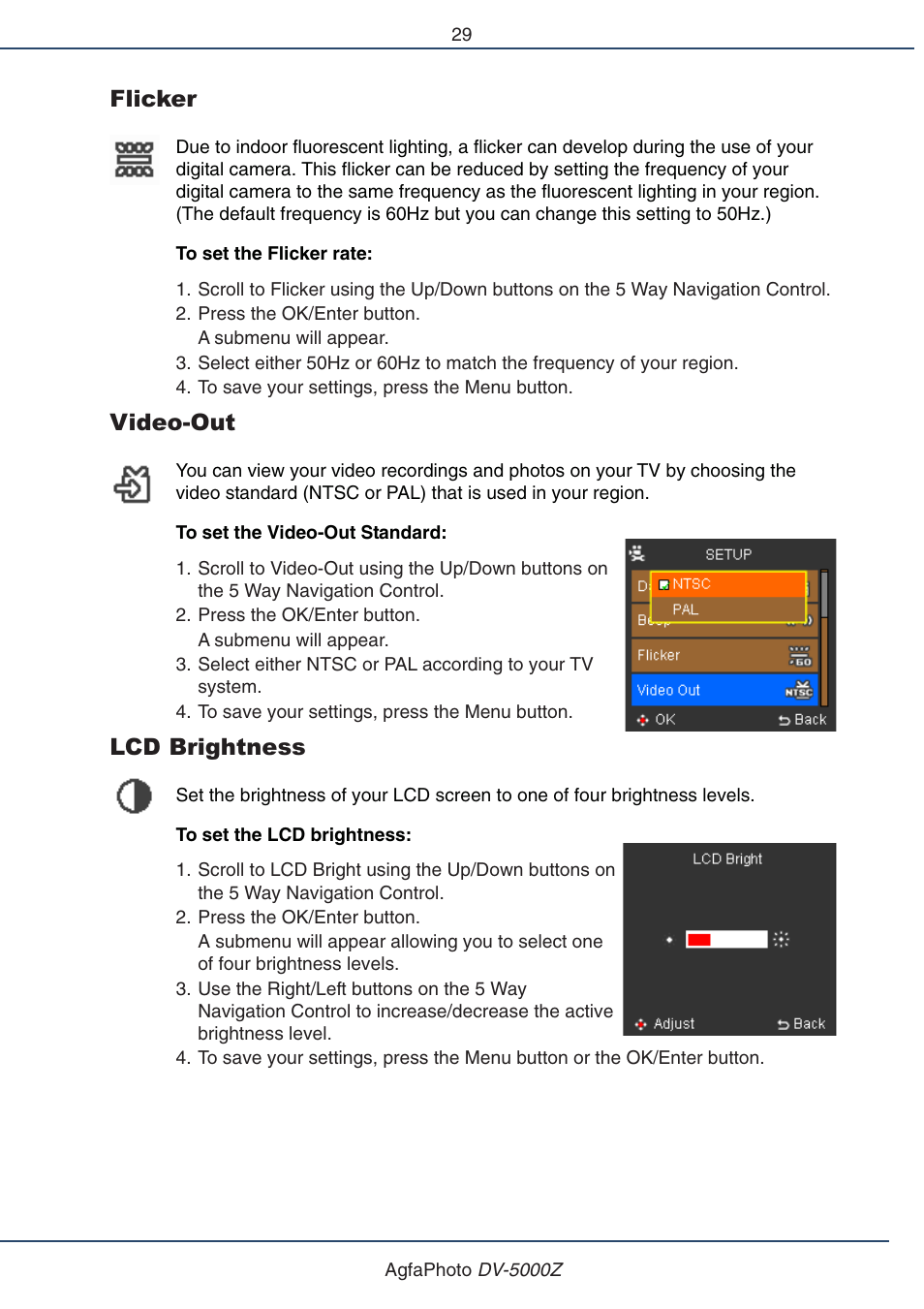 Flicker, Video-out, Lcd brightness | AGFA DV-5000Z User Manual | Page 29 / 36