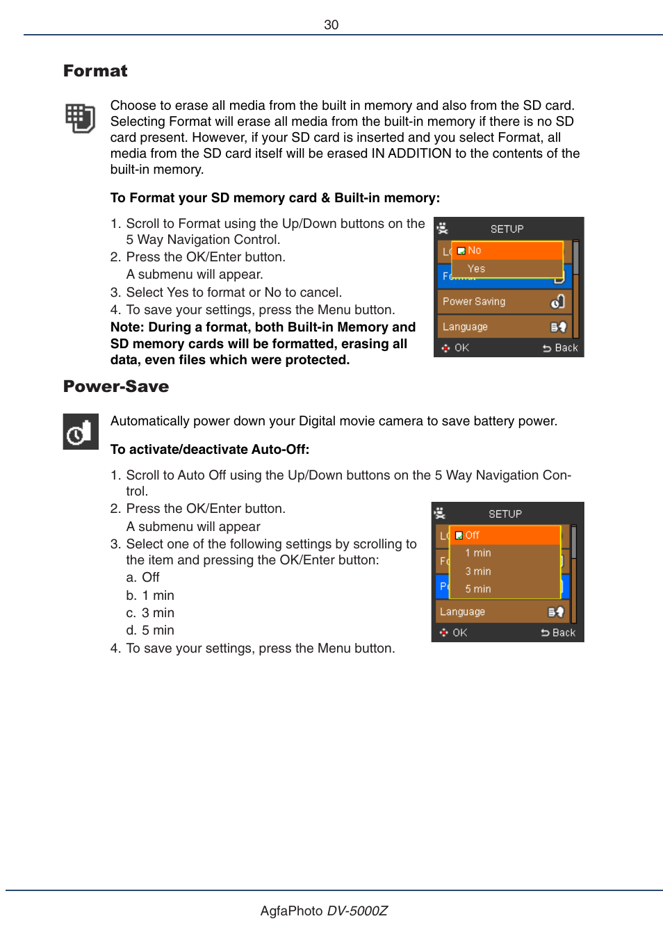 Format, Power-save | AGFA DV-5000Z User Manual | Page 30 / 36