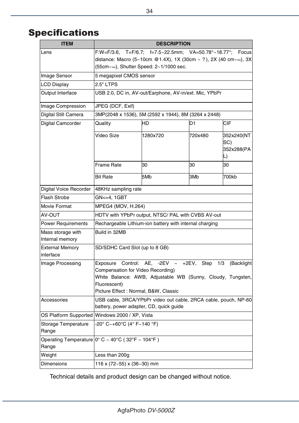 Specifications | AGFA DV-5000Z User Manual | Page 34 / 36