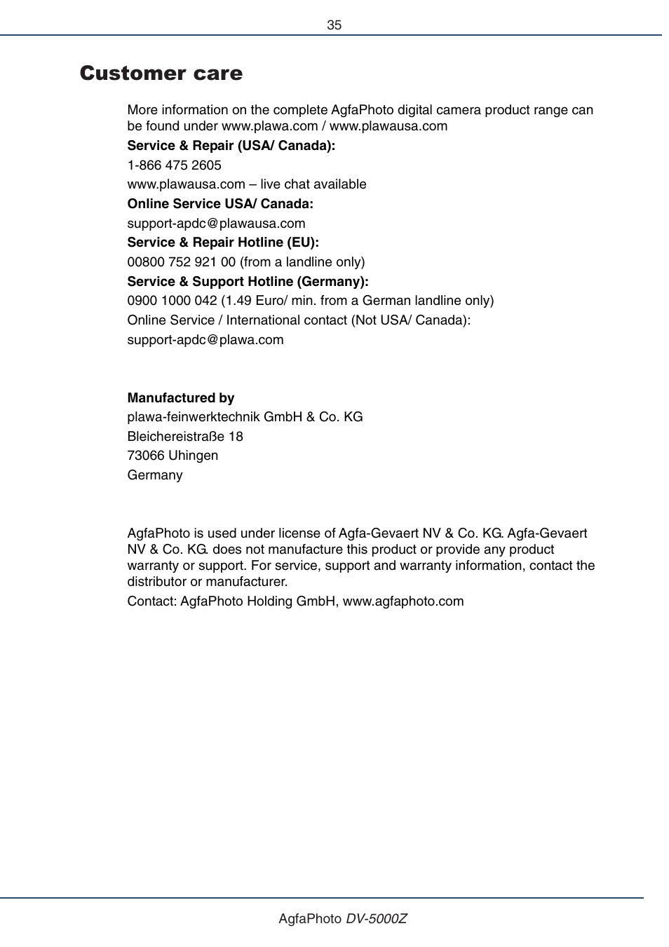 Customer care | AGFA DV-5000Z User Manual | Page 35 / 36