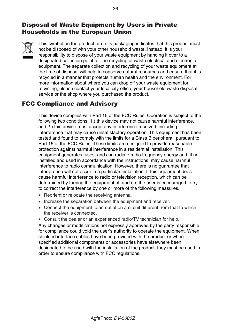 Fcc compliance and advisory | AGFA DV-5000Z User Manual | Page 36 / 36