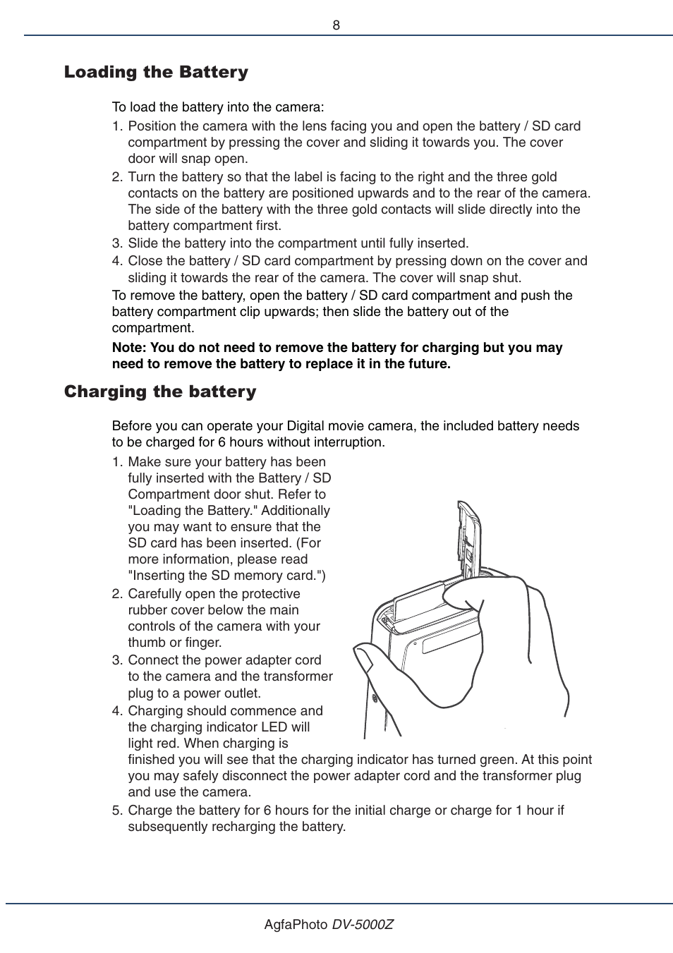 Loading the battery, Charging the battery | AGFA DV-5000Z User Manual | Page 8 / 36