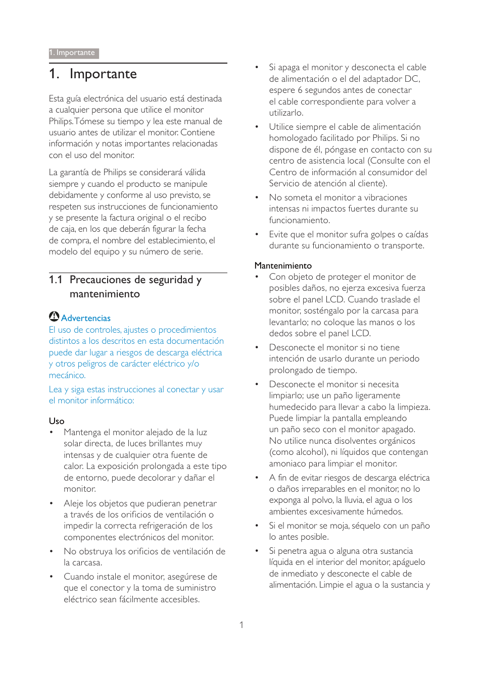 Importante, 1 precauciones de seguridad y mantenimiento | Philips 190V4L User Manual | Page 3 / 41