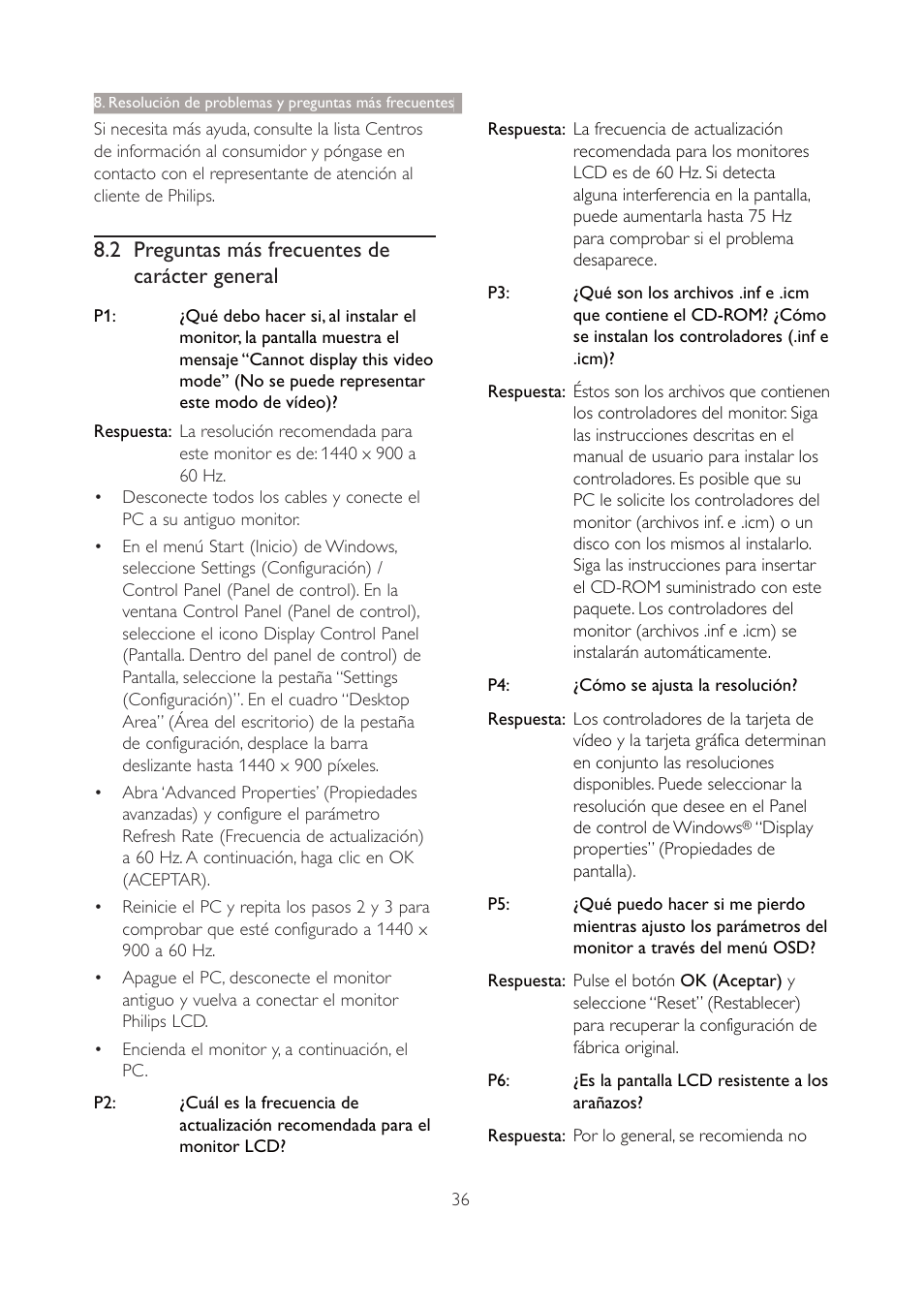 2 preguntas más frecuentes de carácter general | Philips 190V4L User Manual | Page 38 / 41