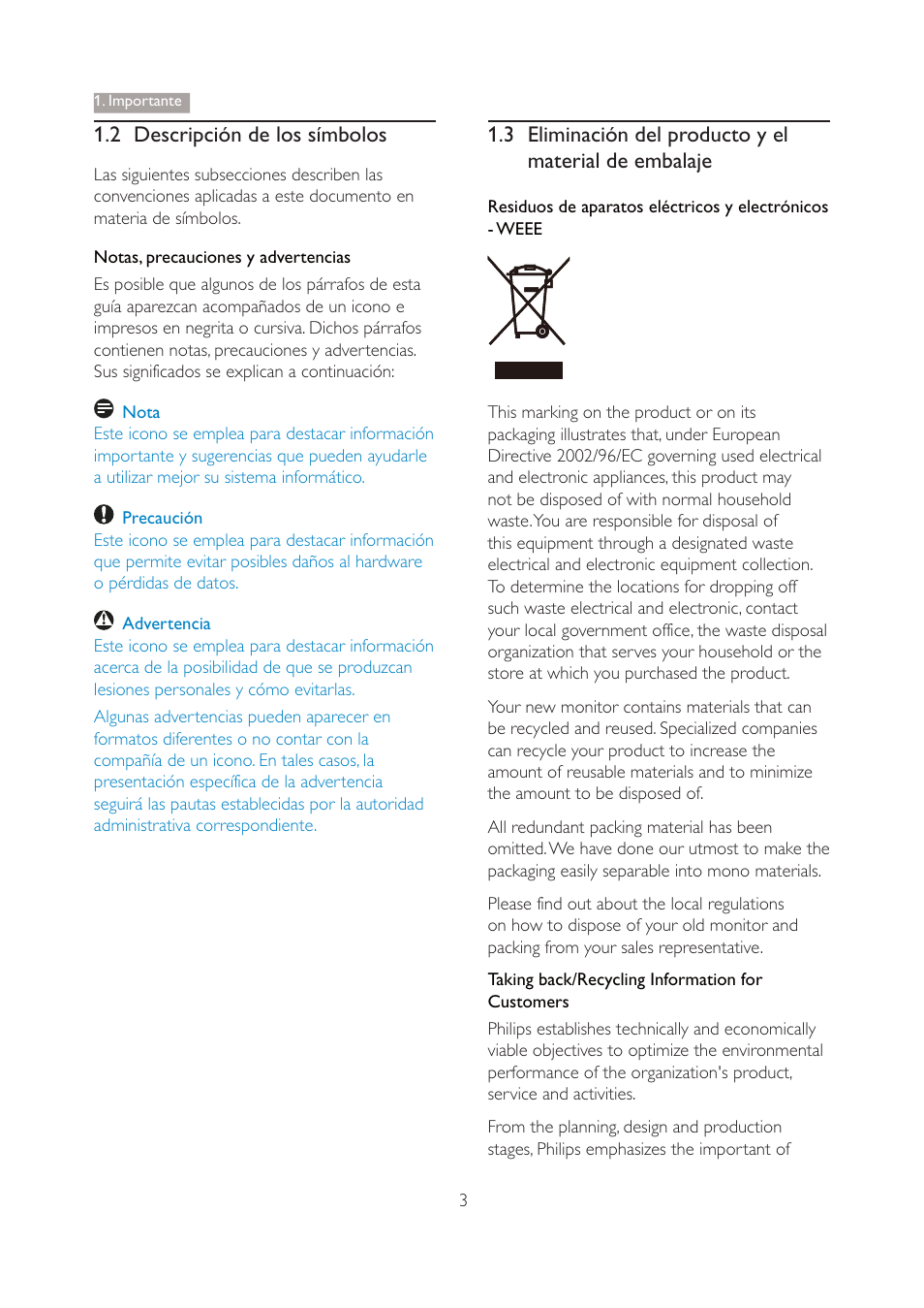 2 descripción de los símbolos | Philips 190V4L User Manual | Page 5 / 41