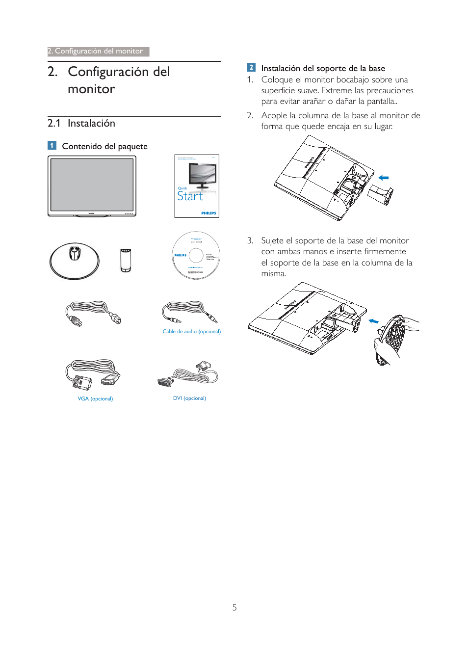 Configuración del monitor, Start, 1 instalación | Philips 190V4L User Manual | Page 7 / 41