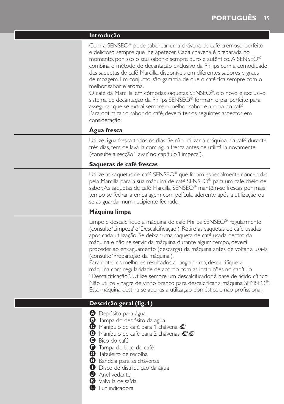 Português, Introdução, Água fresca | Saquetas de café frescas, Máquina limpa, Descrição geral (fig. 1) | Philips SENSEO® Sistema de monodosis de café User Manual | Page 35 / 50
