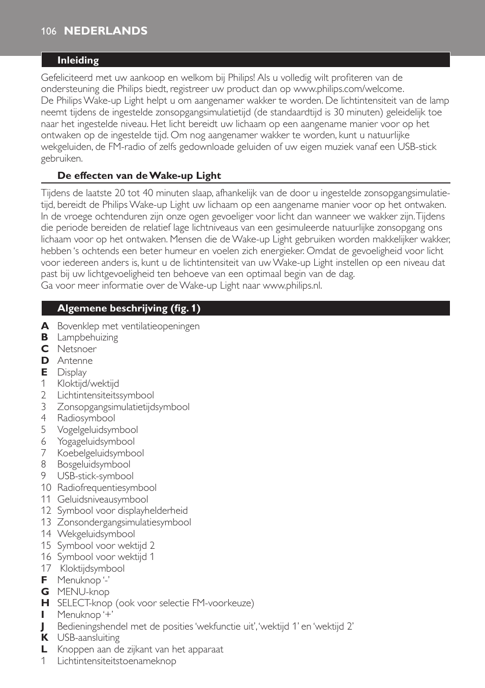 Nederlands, Nederlands 106 | Philips Wake-up Light User Manual | Page 106 / 172