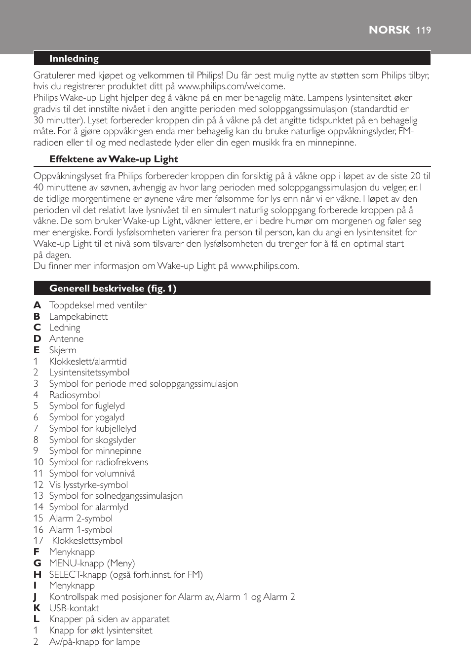 Norsk, Norsk 119 | Philips Wake-up Light User Manual | Page 119 / 172