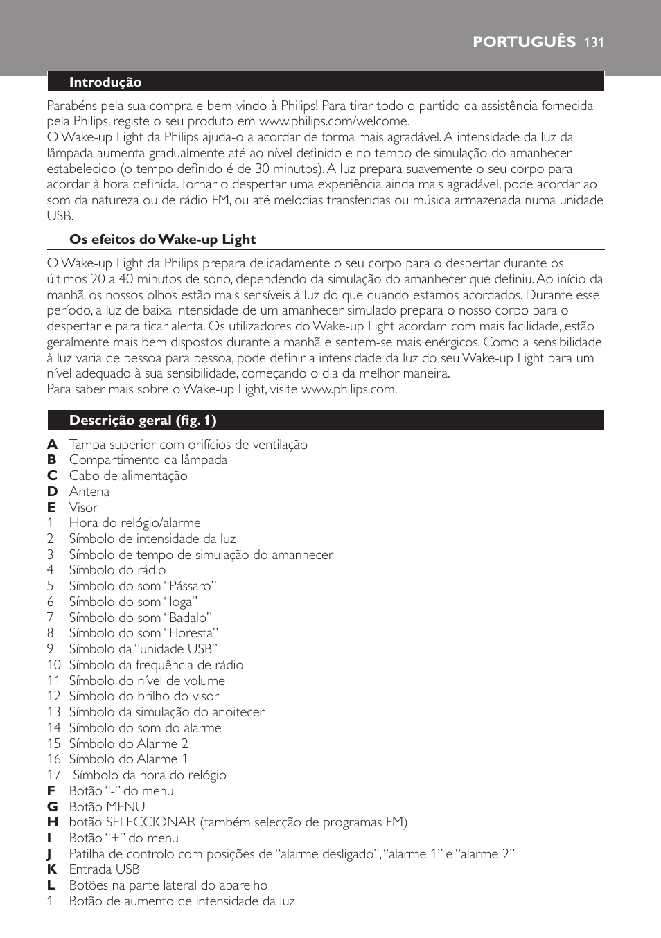 Português, Português 131 | Philips Wake-up Light User Manual | Page 131 / 172