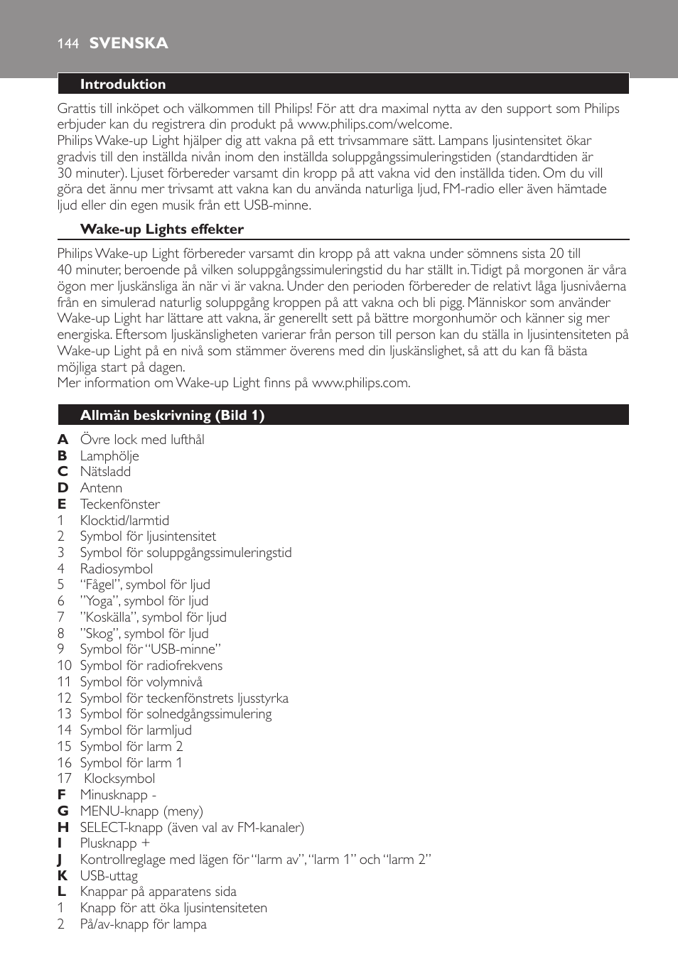 Svenska, Svenska 144 | Philips Wake-up Light User Manual | Page 144 / 172