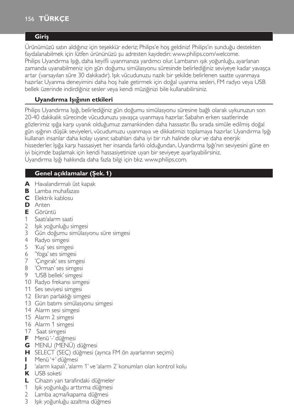 Türkçe, Türkçe 156 | Philips Wake-up Light User Manual | Page 156 / 172