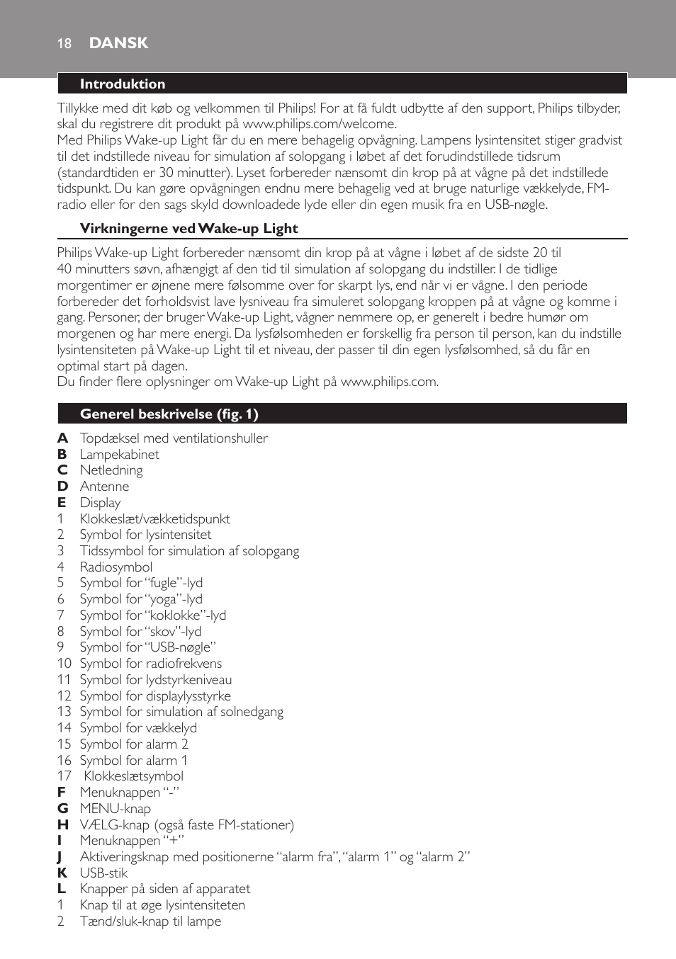 Dansk, Dansk 18 | Philips Wake-up Light User Manual | Page 18 / 172