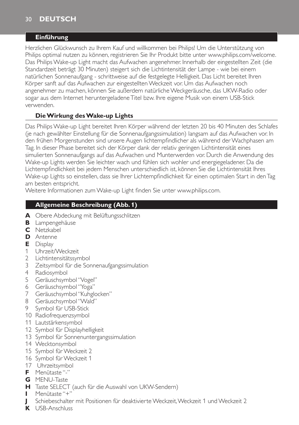 Deutsch, Deutsch 30 | Philips Wake-up Light User Manual | Page 30 / 172