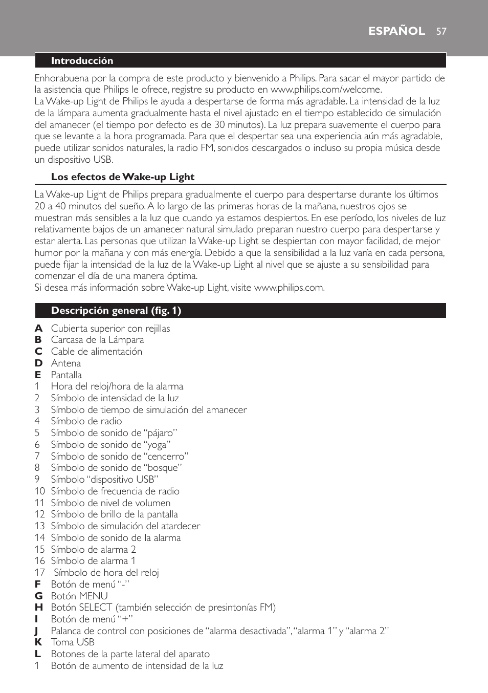 Español, Español 57 | Philips Wake-up Light User Manual | Page 57 / 172