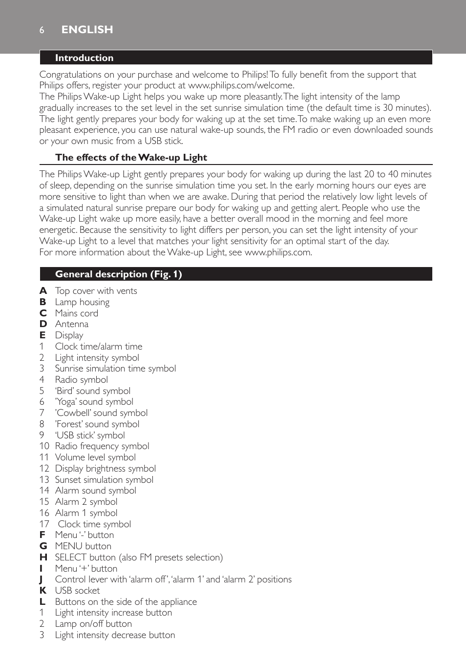 English, English 6 | Philips Wake-up Light User Manual | Page 6 / 172