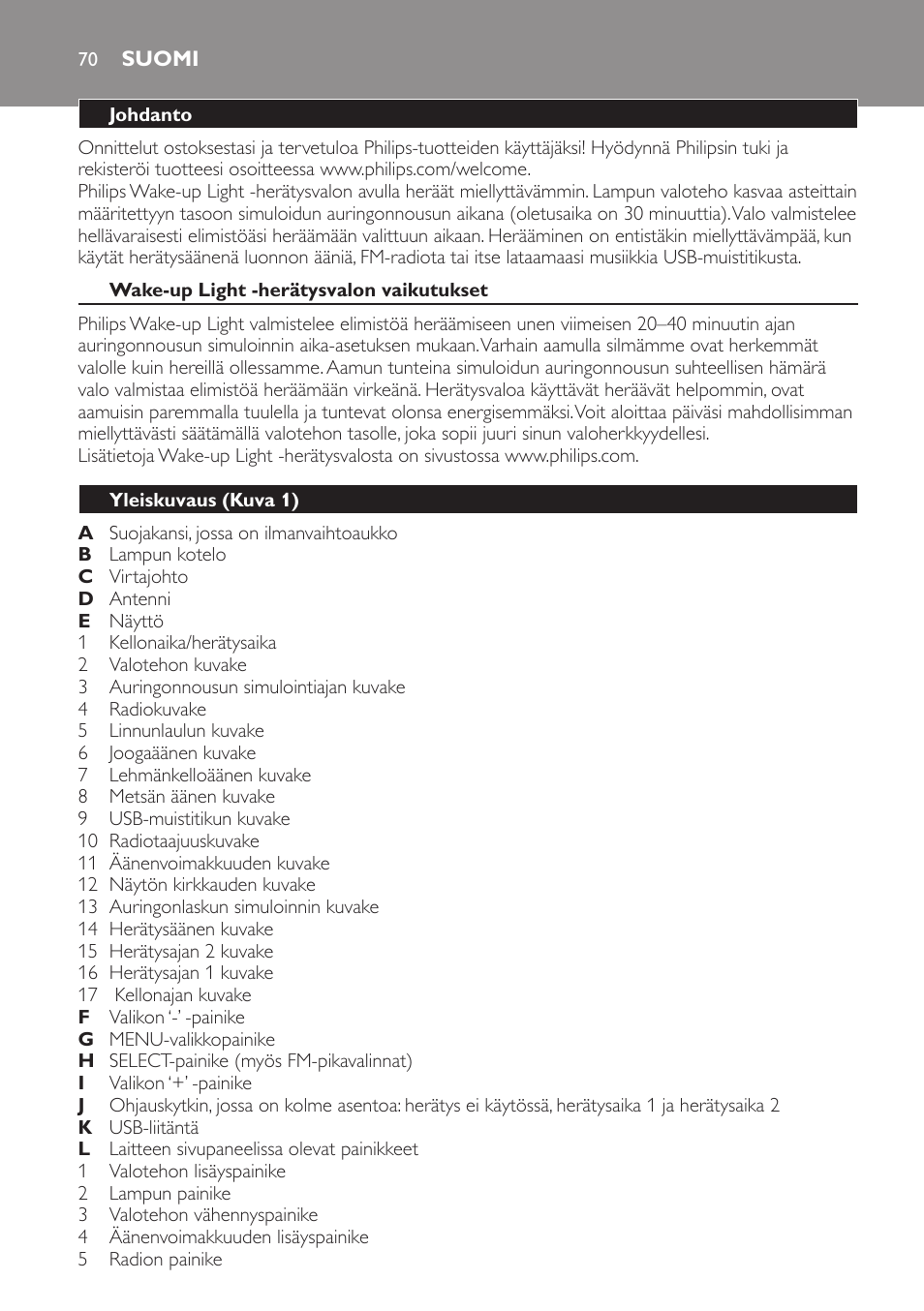 Suomi, Suomi 70 | Philips Wake-up Light User Manual | Page 70 / 172