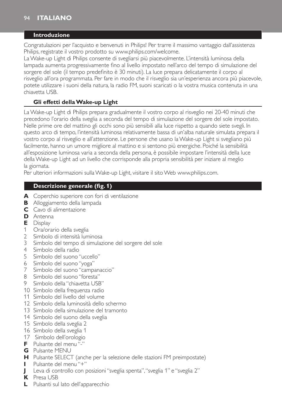 Italiano, Italiano 94 | Philips Wake-up Light User Manual | Page 94 / 172