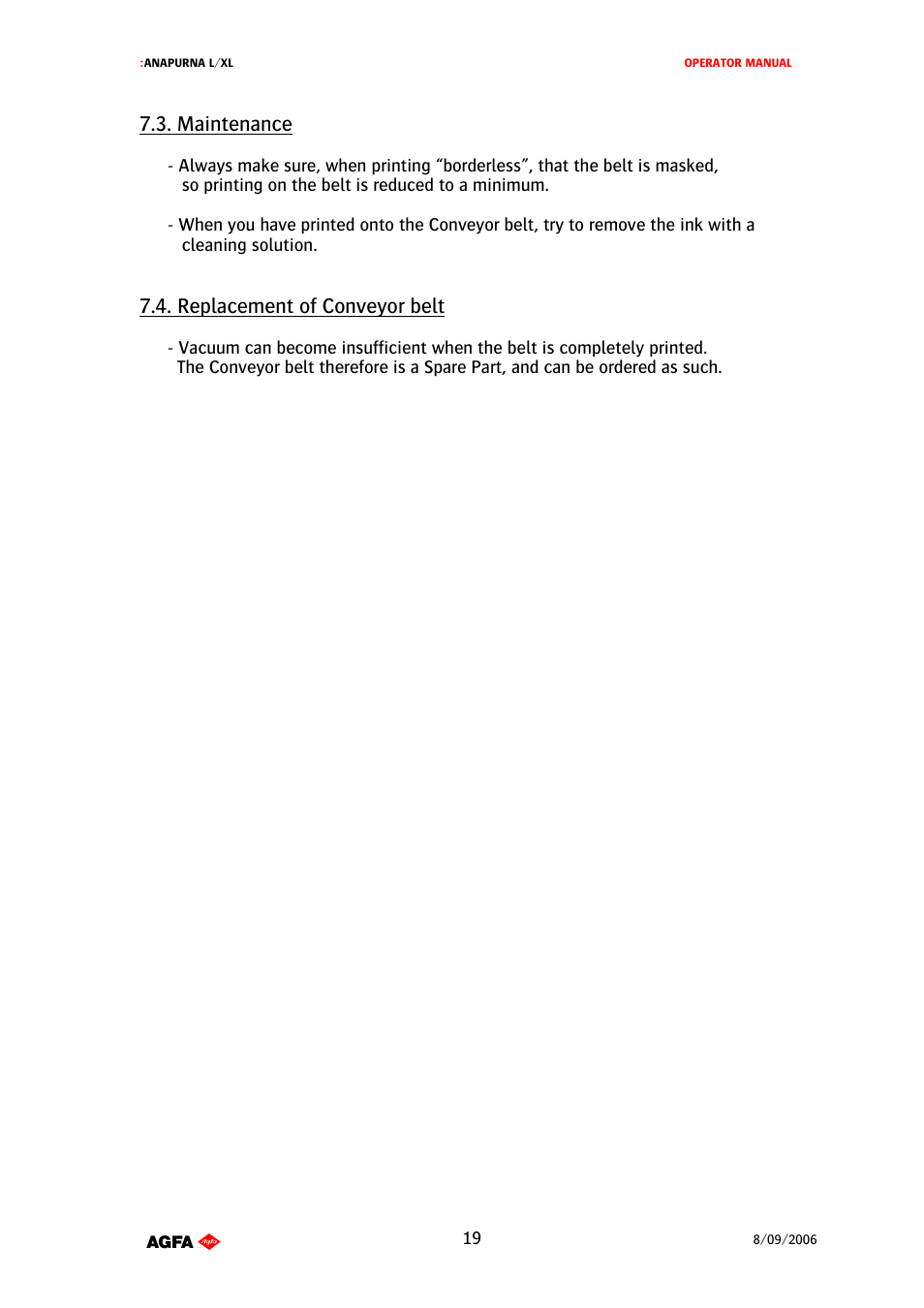 Maintenance, Replacement of conveyor belt | AGFA Printer User Manual | Page 19 / 42