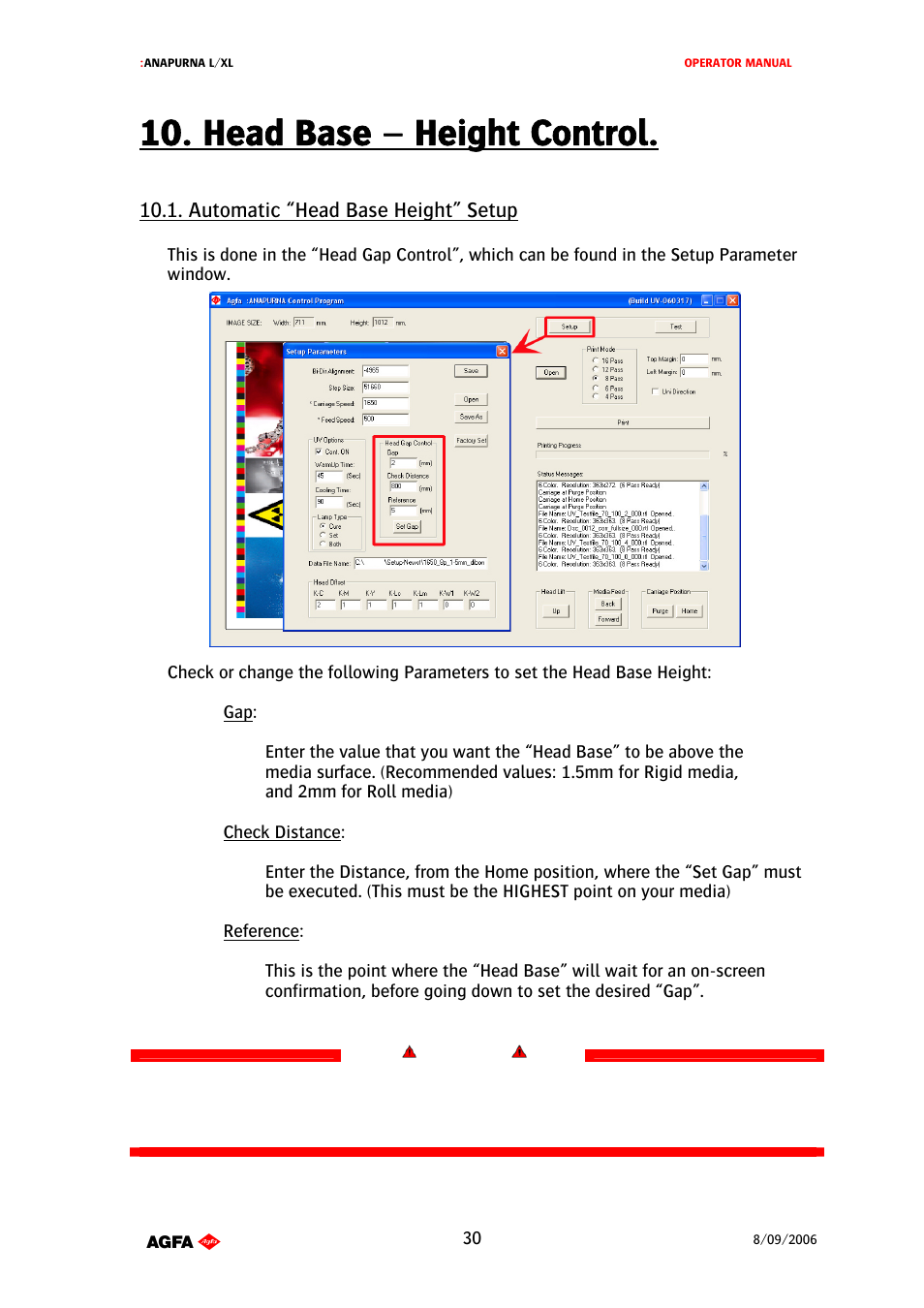 Head base – height control, Automatic “head base height” setup | AGFA Printer User Manual | Page 30 / 42
