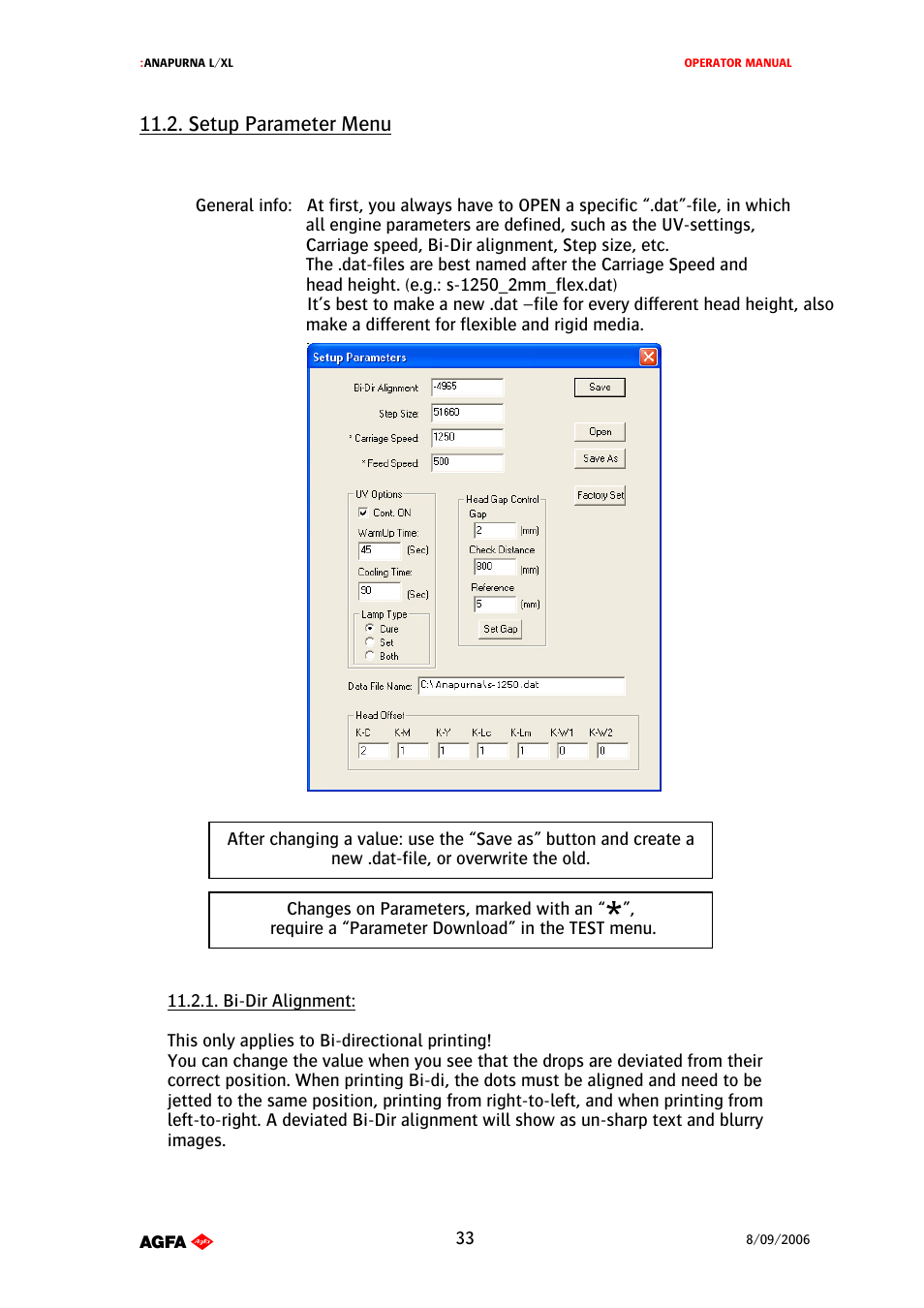Setup parameter menu | AGFA Printer User Manual | Page 33 / 42