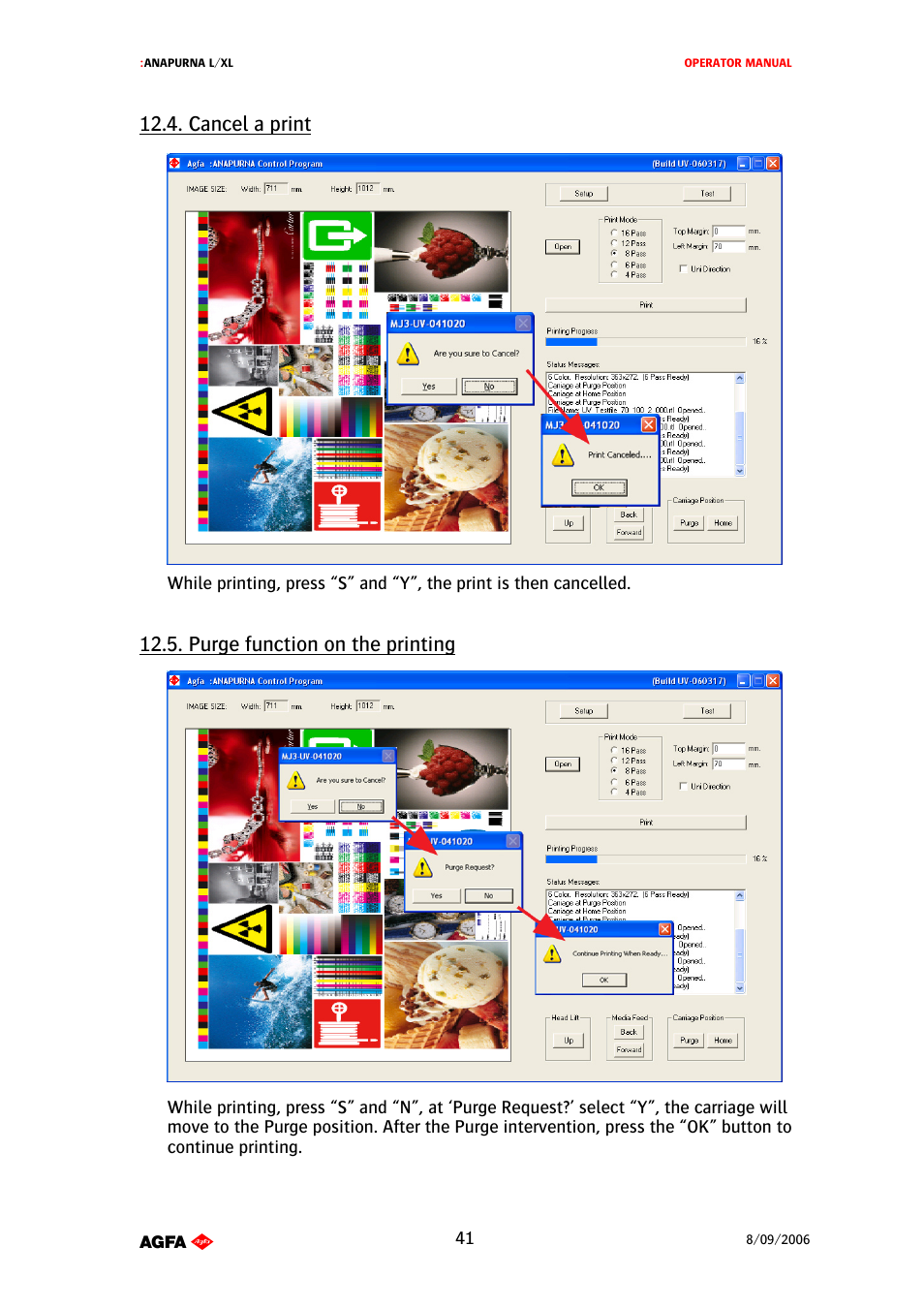Cancel a print, Purge function on the printing | AGFA Printer User Manual | Page 41 / 42