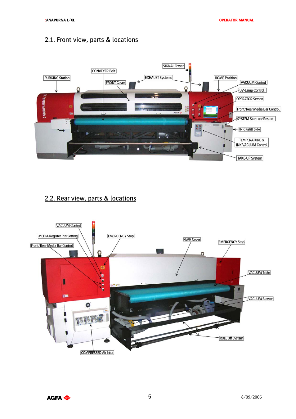 Front view, parts & locations, Rear view, parts & locations | AGFA Printer User Manual | Page 5 / 42