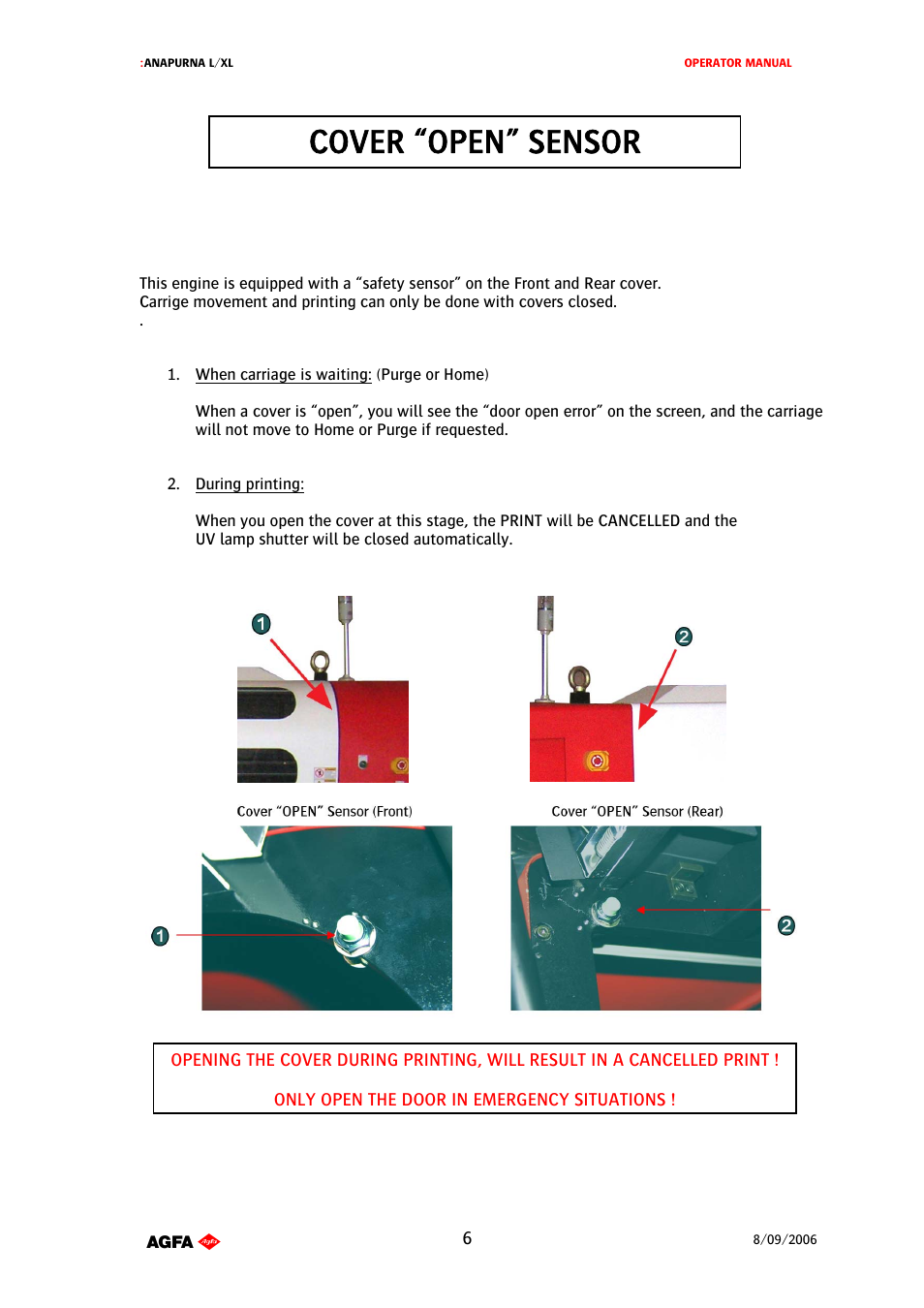 Cover “open” sensor | AGFA Printer User Manual | Page 6 / 42