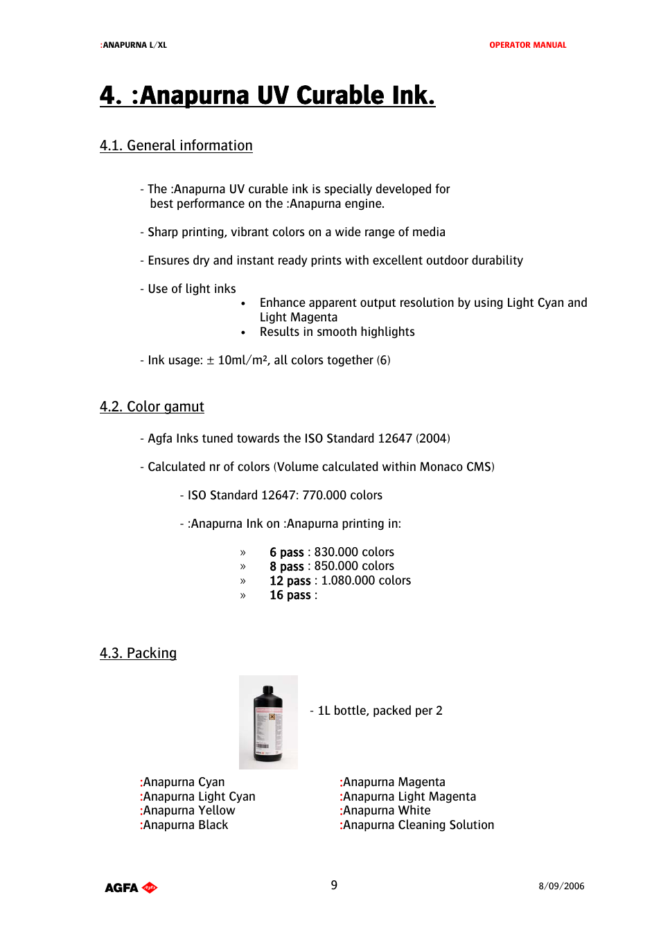 :anapurna uv curable ink | AGFA Printer User Manual | Page 9 / 42